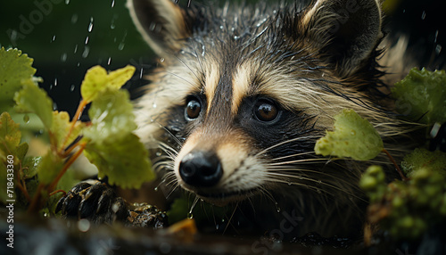 Cute small raccoon sitting in wet green grass generated by AI