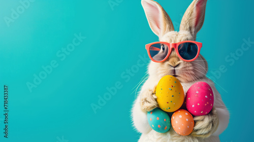 An easter bunny rabbit wearing sunnies, shades, sunglasses holding colourful easter eggs against a turquoise isolated background with room for text. photo