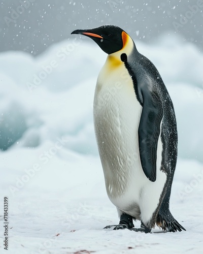 the Penguin Emperor standing on ice in snow fall AI Generative