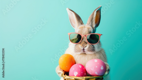 An easter bunny rabbit wearing sunglasses, sunnies, shades, holding colourful easter eggs against a colourful isolated background with room for text.