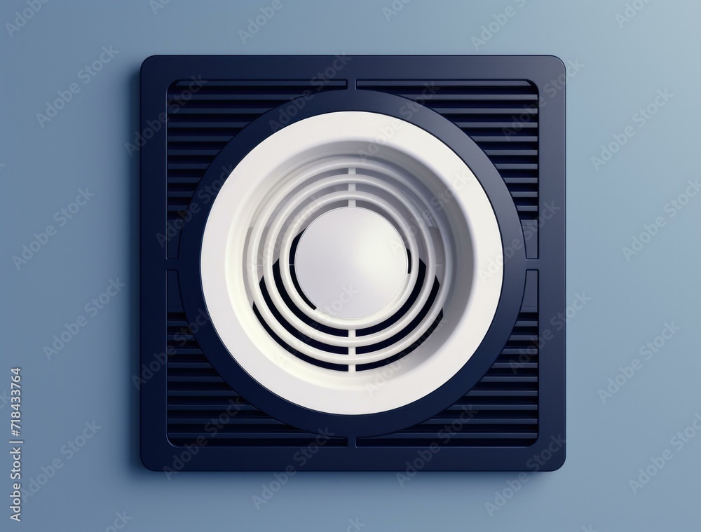 A black and white vent fan on a blue wall. Generative AI. A black and white vent fan on a blue wall. Generative AI.