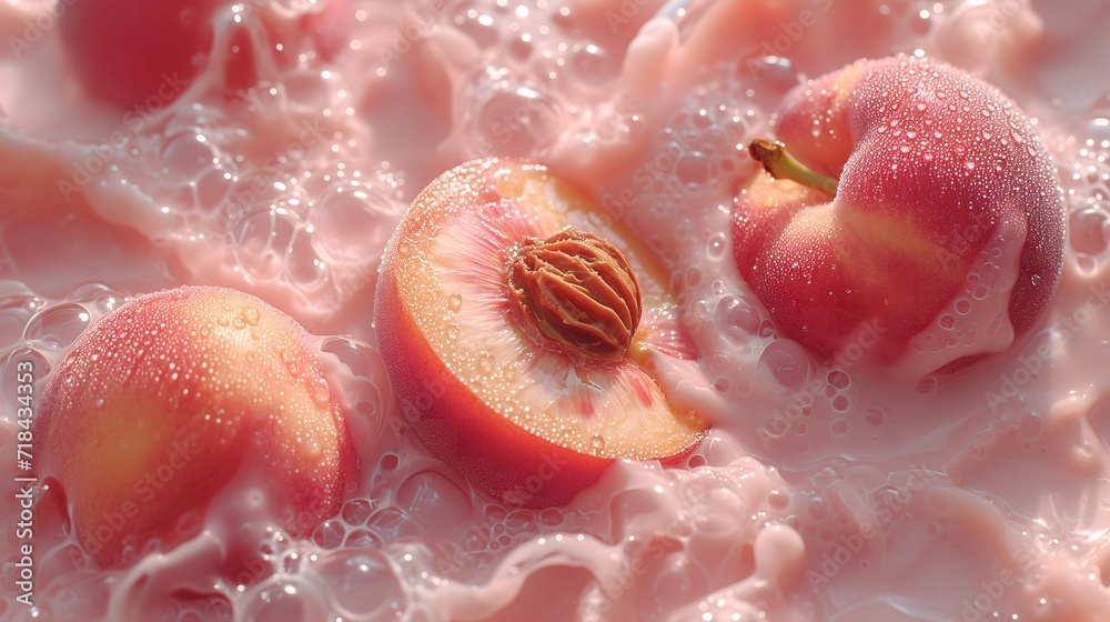 Fototapeta premium Fresh peach on a milk background, showcasing its natural beauty and juiciness