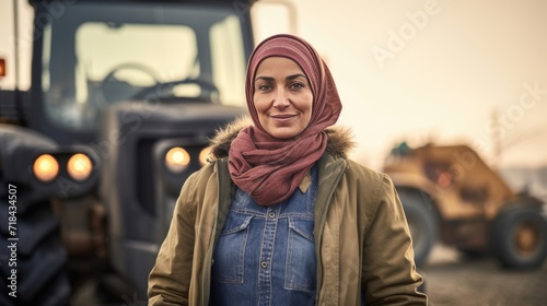 Muslim middle age female farmer standing next to the tractor © Krtola 