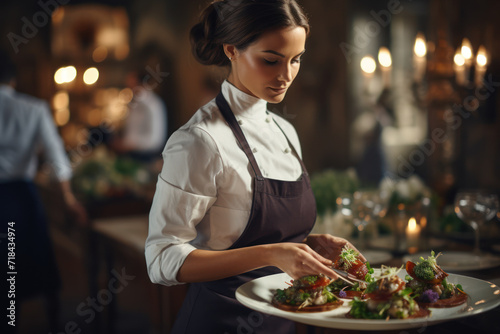 Attentive waitstaff serving a beautifully plated gourmet meal in a hotel s fine dining restaurant. Concept of exquisite culinary offerings. Generative Ai.