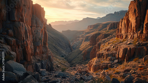 Landscape view of a rocky canyon with warm light illuminating the texture of the rocks at sunrise