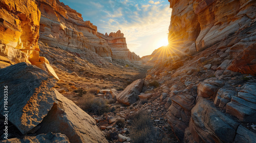 Landscape view of a rocky canyon with warm light illuminating the texture of the rocks at sunrise