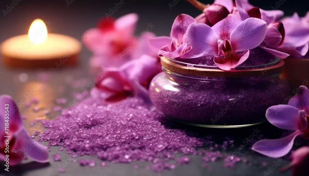 Purple orchid, candle, beauty treatment, spa relaxation, nature freshness, pampering generated by AI Purple orchid, candle, beauty treatment, spa relaxation, nature freshness, pampering generated by AI