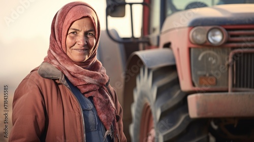 Muslim senior female farmer standing next to the tractor  © Krtola 