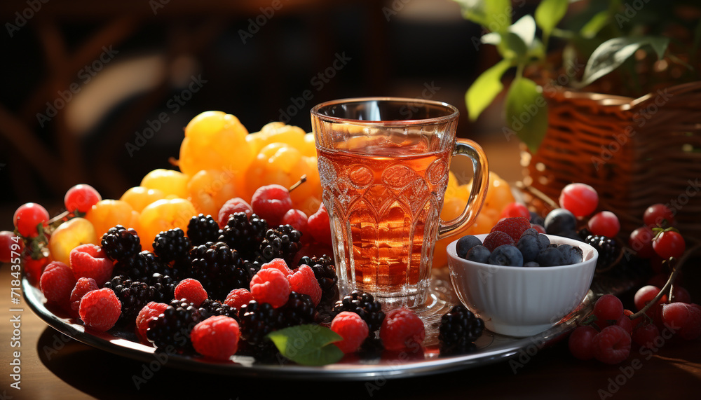 Freshness of summer berries on a wooden table, a gourmet delight generated by AI Freshness of summer berries on a wooden table, a gourmet delight generated by AI