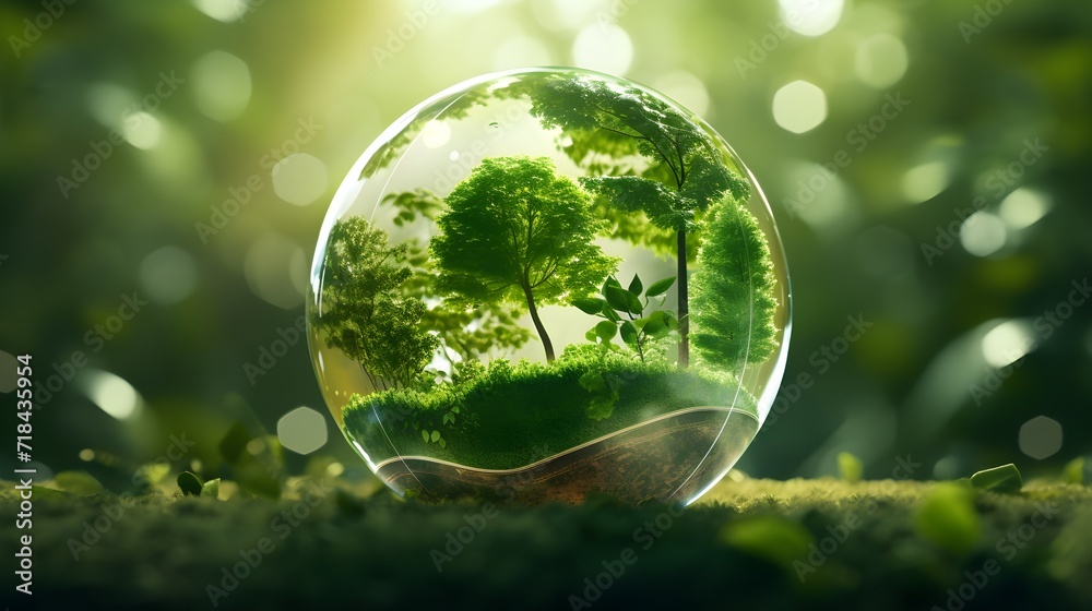 Globe Glass with CO2 icons In Green Forest With Sunlight.Reduction of ...