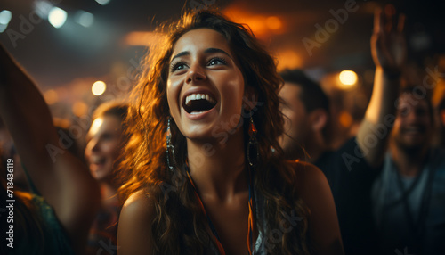 Young adults smiling, enjoying nightlife, having fun generated by AI