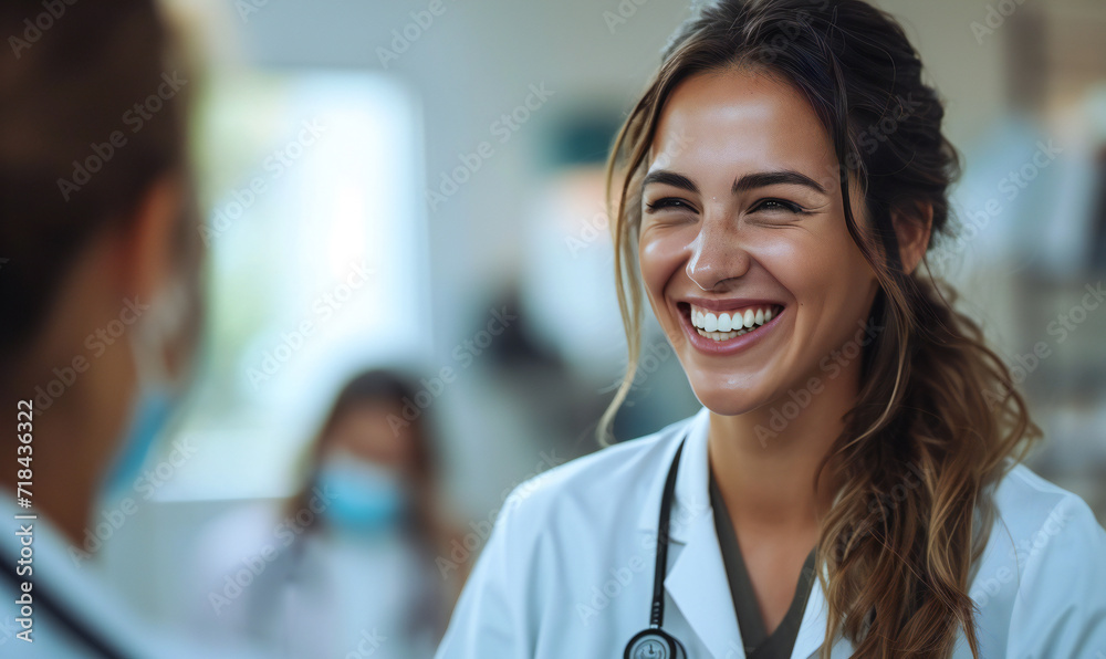 Beautiful female doctor specialist laughing and talking to colleague in hospital in white coat with stethoscope. Beautiful female doctor specialist laughing and talking to colleague in hospital in white coat with stethoscope.