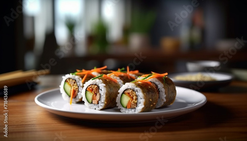 Fresh seafood meal on plate, close up of gourmet maki sushi generated by AI