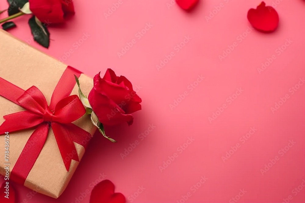 Kraft Gift box with beautiful red ribbon and rose, concept of Valentine's, anniversary, mother's day and birthday greeting, copyspace, topview. generative ai.