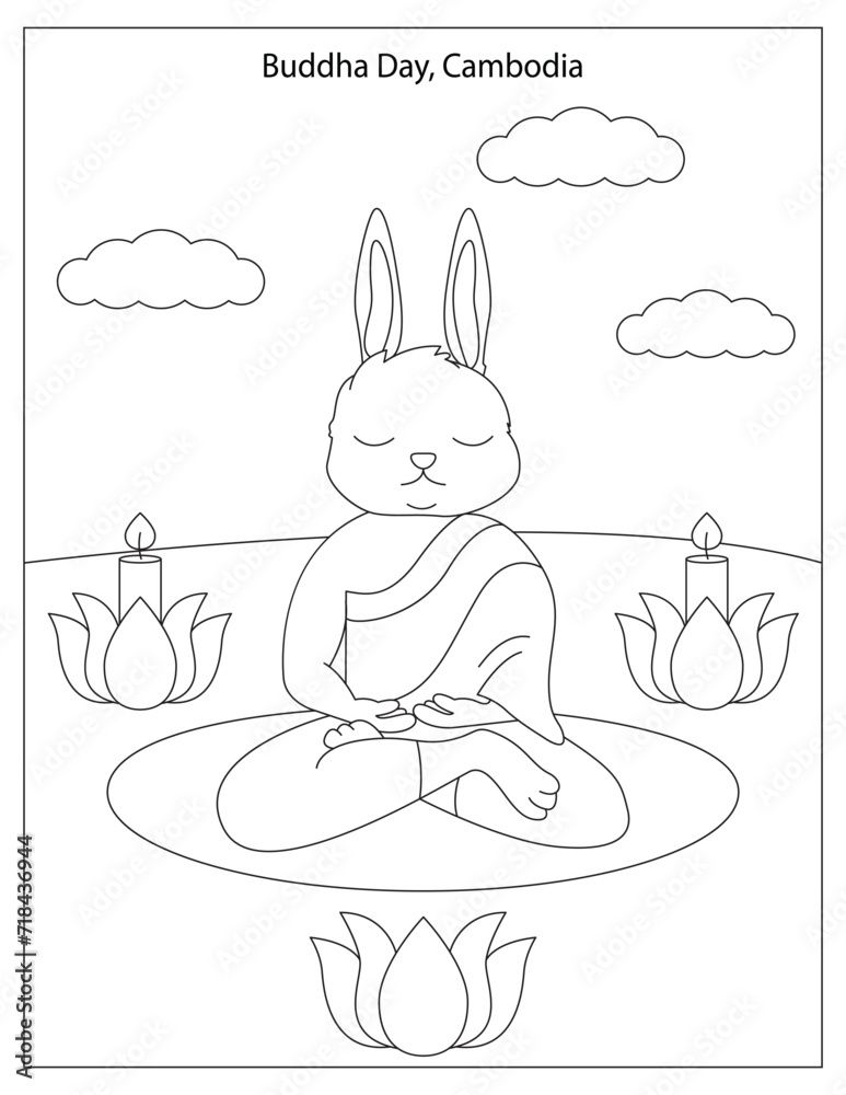 Buddha Day Holiday Celebration in Cambodia with cute rabbit coloring ...