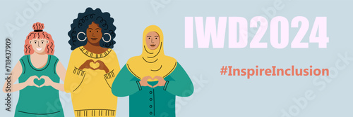 Inspire Inclusion is campaign theme of International Women's Day 2024. Female persons is showing sign of heart with their hands. Vector illustration.