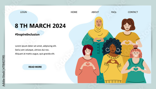 Online Activism Landing Page Template. Inspire Inclusion is campaign theme of International Women's Day 2024. Female persons is showing sign of heart with their hands.