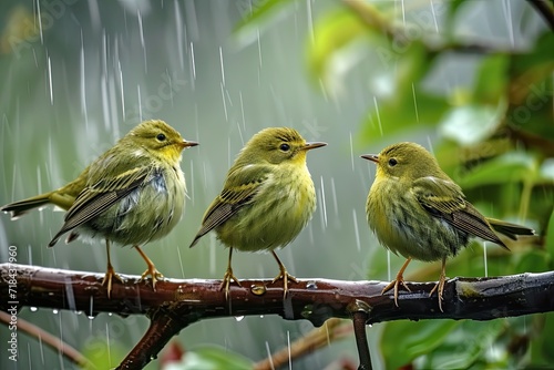three Green Warbler sitting in the rain tree AI Generative photo