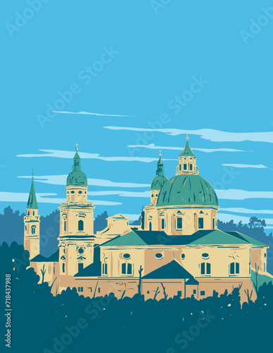 WPA poster art of the Salzburg Cathedral or the Cathedral of Saints Rupert and Vergilius in Domplatz in Altstadt Old Town of Salzburg, Austria done in works project administration or art deco style.
 photo