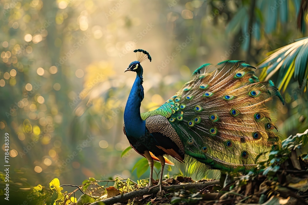 Obraz premium Vietnamese Peacock open the tail on the forest AI Generative