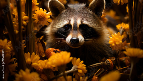Cute raccoon sitting in grass, looking at camera generated by AI