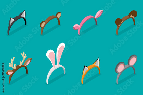 3D Isometric Flat Vector Set of Animals Ears Costumes, Carnival Headbands