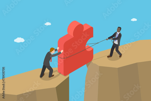 3D Isometric Flat Vector Illustration of Problem Solution , Teamwork and Overcoming Difficulties
