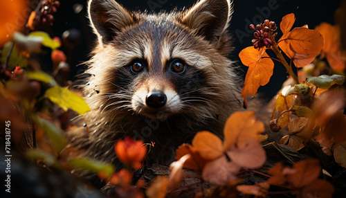 Cute raccoon sitting in autumn forest, looking at camera generated by AI
