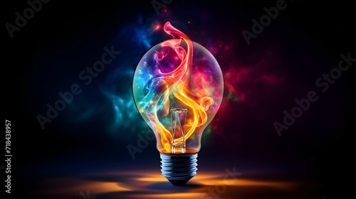 Creative inspiration concept with colorful lightbulb made from liquid glass