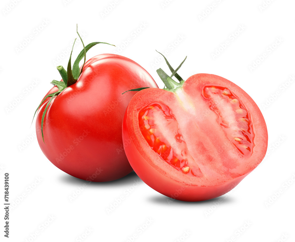 Whole and cut ripe tomatoes isolated on white Whole and cut ripe tomatoes isolated on white