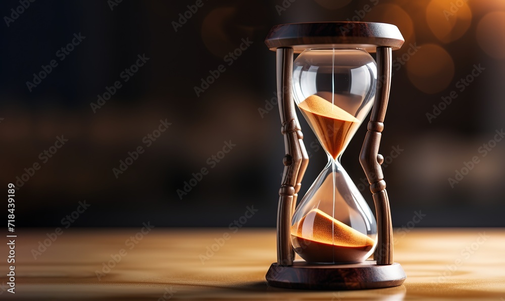 An hourglass on a table in the photo with a blur background