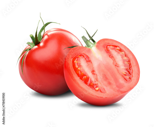 Whole and cut ripe tomatoes isolated on white