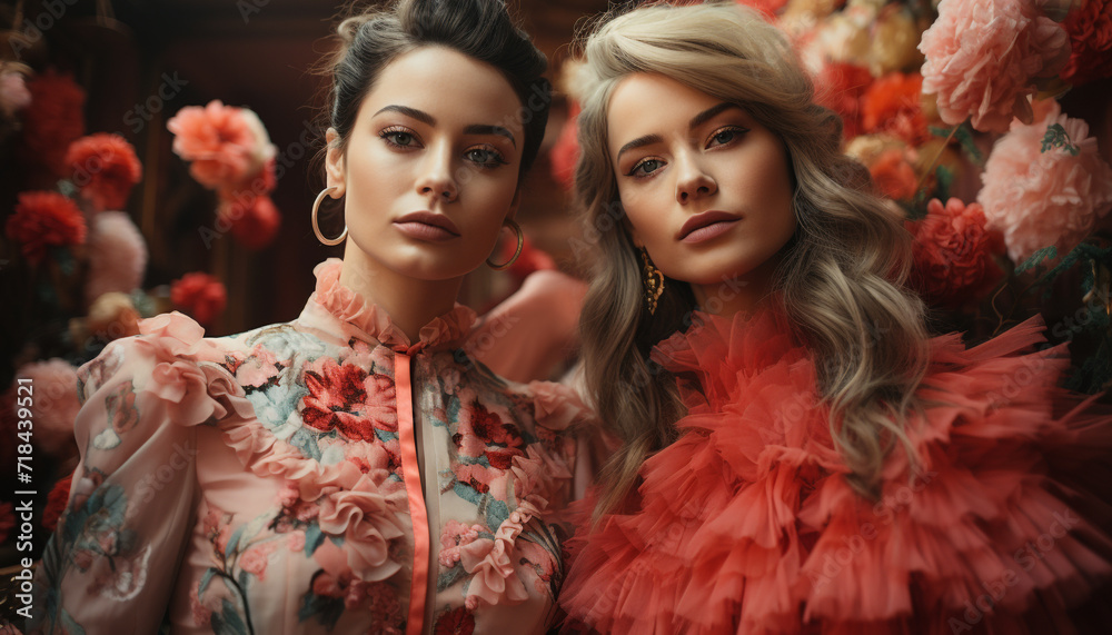 Two young women in beautiful dresses smiling outdoors generated by AI