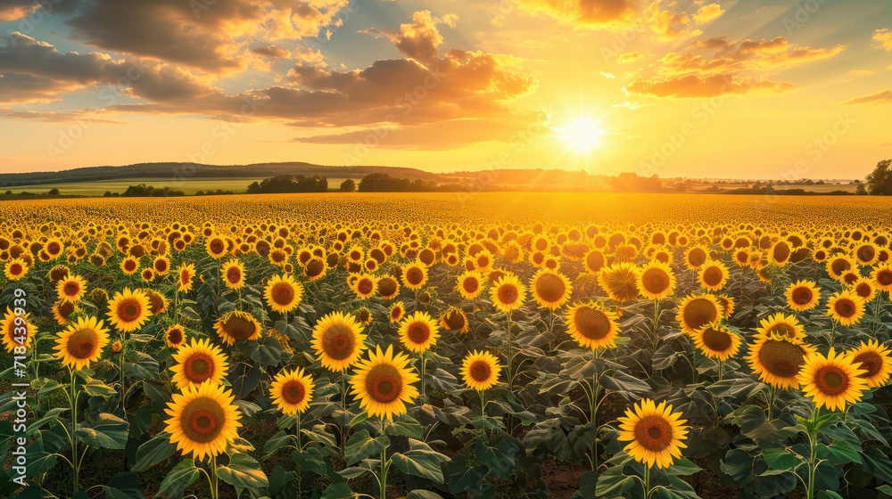 Obraz premium Stunning panorama of sunflower fields bathed in the warm glow of the setting sun