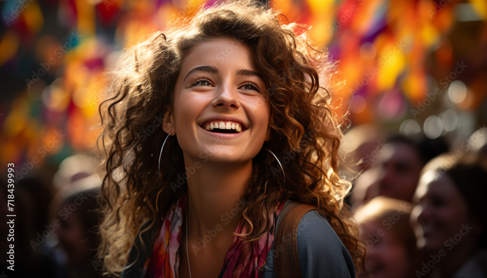 Smiling young woman enjoying outdoors with carefree laughter generated by AI Smiling young woman enjoying outdoors with carefree laughter generated by AI