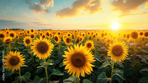 Stunning panorama of sunflower fields bathed in the warm glow of the setting sun © boxstock production