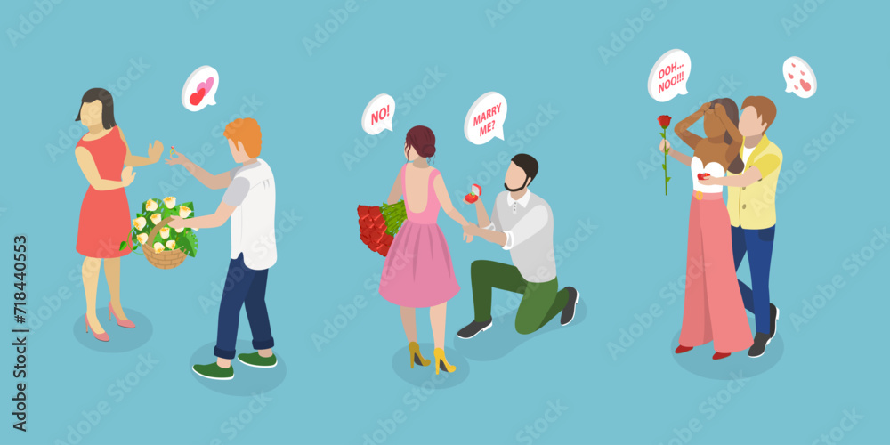 Fototapeta premium 3D Isometric Flat Vector Illustration of Marriage Proposal Rejection, Wedding Refusal