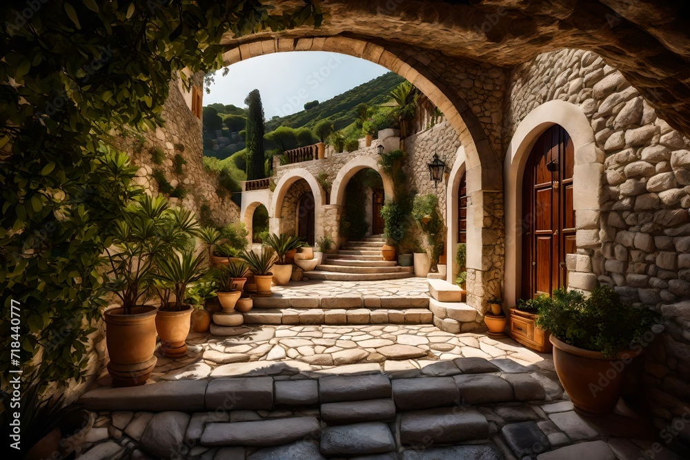 The entrance to a hillside villa showcasing a stone archway, cobbled pathway, and glimpses of the lush Mediterranean landscape