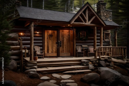 A cabin retreat s grand entry  showcasing a weathered timber door  fieldstone walls  and a front porch with Adirondack chairs