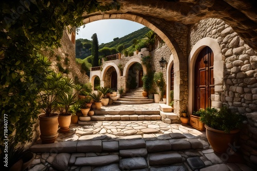 The entrance to a hillside villa showcasing a stone archway  cobbled pathway  and glimpses of the lush Mediterranean landscape