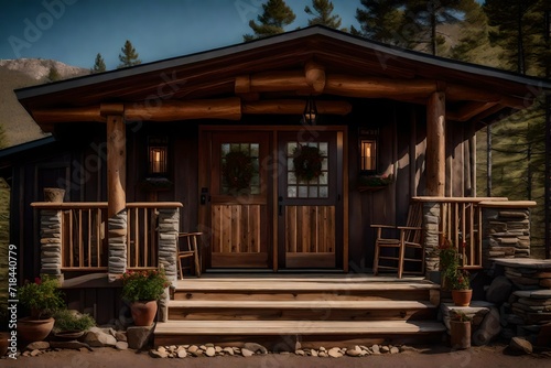 A cabin retreat's grand entry, showcasing a weathered timber door, fieldstone walls, and a front porch with Adirondack chairs
