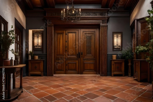 A rustic manor entry hall with a solid oak door  wrought iron details  and a terracotta tile floor exuding timeless country elegance