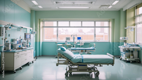 A hospital bed and medical equipment room with a bed