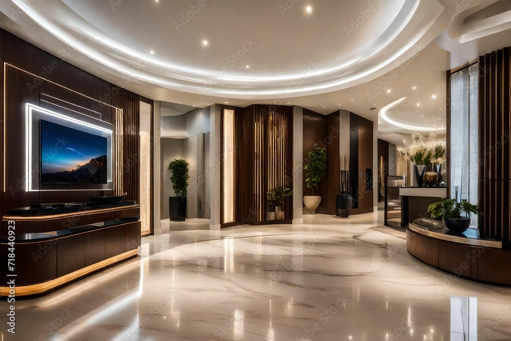 Fototapeta premium A cutting-edge foyer design incorporating smart home technology, LED lighting, and futuristic furniture for a seamless modern aesthetic