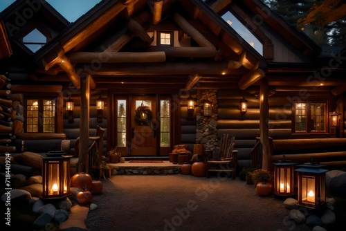 A lodge-inspired grand entryway with a log cabin door, river rock accents, and an antique lantern casting a warm glow
