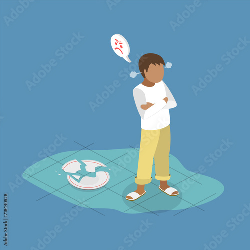 3D Isometric Flat Vector Illustration of Naughty Angry Child, Unobedient Little Boy