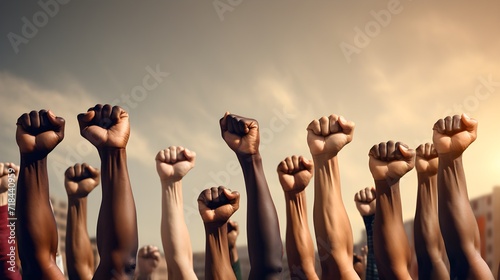Multi ethnic people raising their fists up in the air