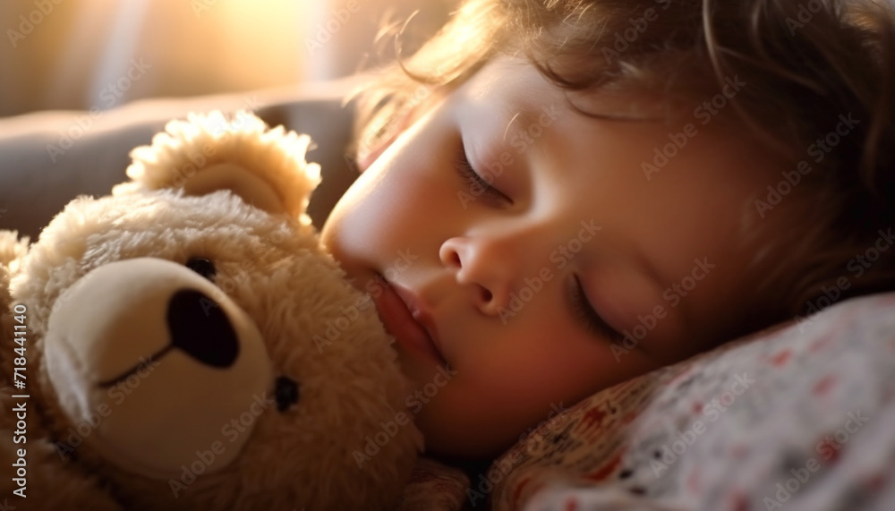 A cute child sleeping with a teddy bear, pure innocence generated by AI A cute child sleeping with a teddy bear, pure innocence generated by AI