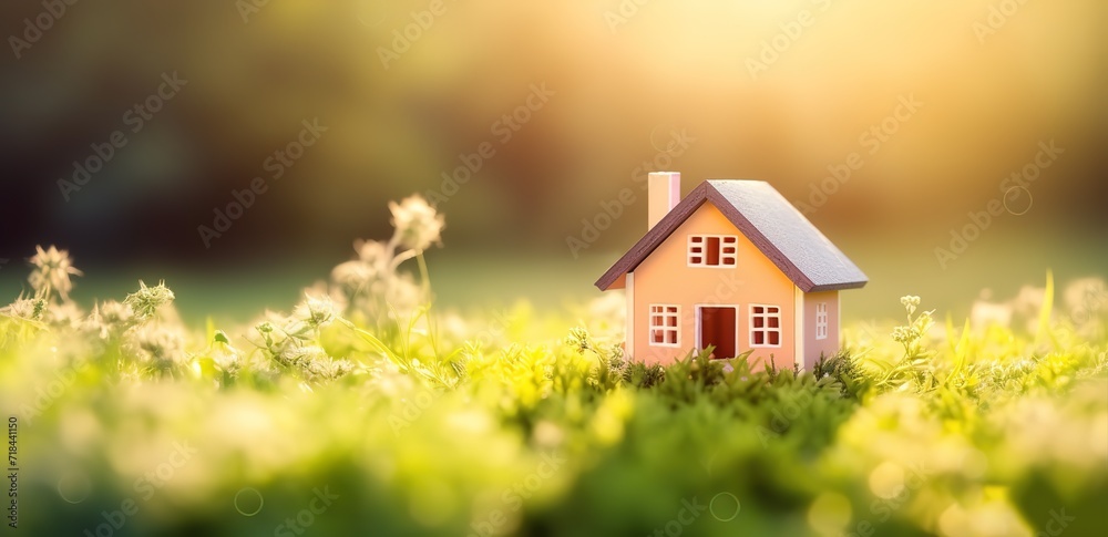 Illustration of a house in a photo on grass with a green background with a blur effect. generative AI Illustration of a house in a photo on grass with a green background with a blur effect. generative AI
