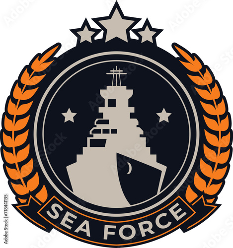 Navy emblem with warship and laurel wreath. Military naval forces badge, sea defense symbol. Maritime theme vector illustration.